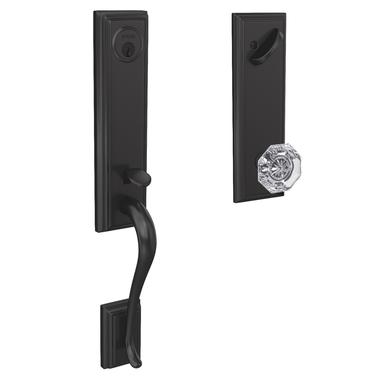 Custom 3/4 Trim Single Cylinder Handleset and Alexandria Glass Knob with Addison Trim