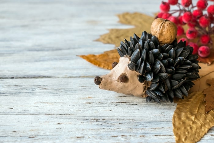 Hedgehog decoration made out of sunflower seeds